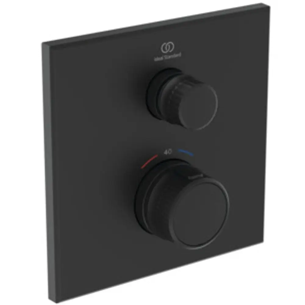 Brausethermostat in Silk Black von Ideal Standard mit zwei Drehknöpfen zur Temperatur- und Wassermengenregulierung auf rechteckiger Wandplatte.